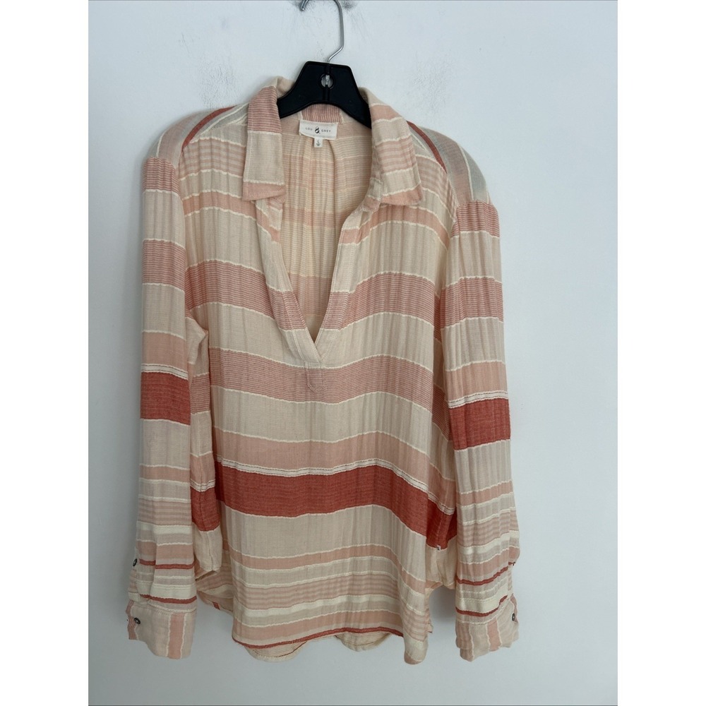 Lou & Grey Women L Long Sleeve V-Neck Gauzy Coralâ And Cream Blouse Beach Resort